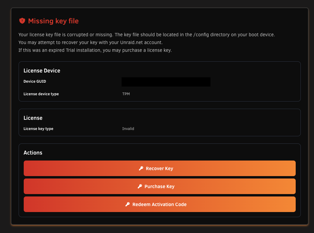 Tools Registration page with a Missing key file warning and the Redeem Activation Code action