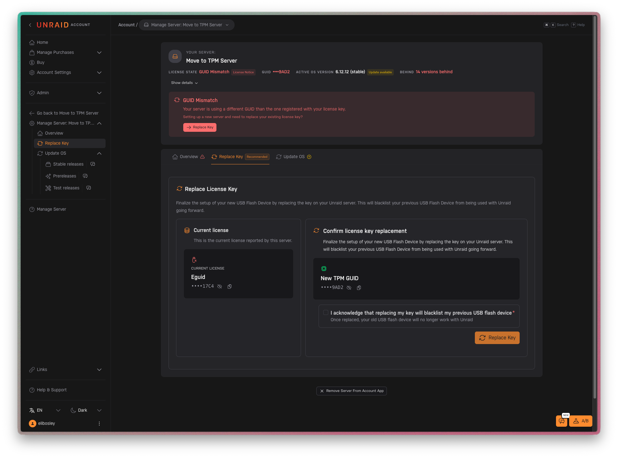 点击将许可证移至 TPM 后显示的替换许可证密钥屏幕